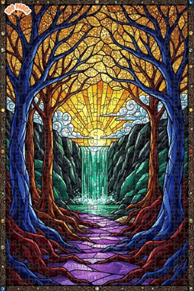 Teona Ahşap لغز خشبي بتصميم شلال الغابة السحرية مع زجاج ملون 500 قطعة 50×30