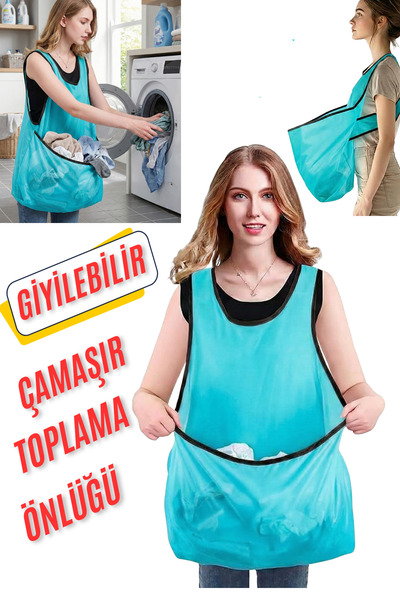 KAŞIKBEY Washing Temiz-Kirli Çamaşır Sepeti Önlük Giyilebilir Katlanır Çamaşı...