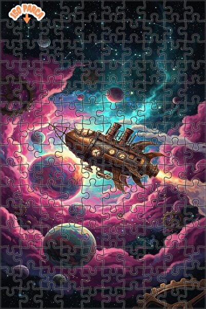 Teona Ahşap Steampunk Rocket Galaxy Journey Oil Painting Double-Deck Framed W...