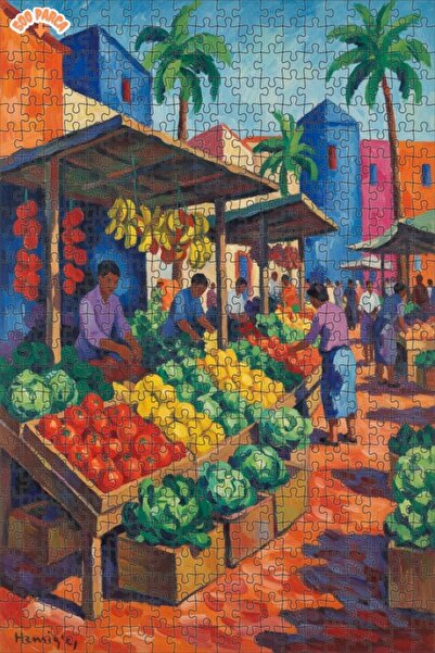 Teona Ahşap Living Market Scene Oil Painting Look Double-Decker Framed Wooden...