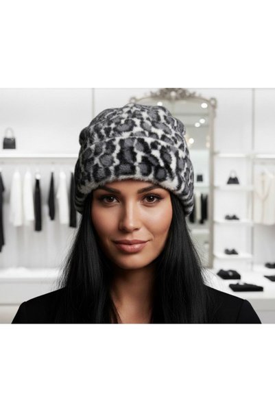 la_hatun Women's Gray Leopard Patterned Furry Soft Beanie Domestic Production