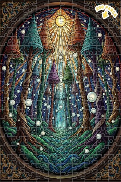 Teona Ahşap لغز خشبي بتصميم الغابة السحرية بمظهر الزجاج الملون، لغز خشبي بإطا...