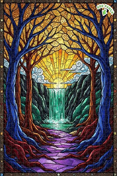 Teona Ahşap لغز خشبي بتصميم شلال الغابة السحرية مع زجاج ملون 800 قطعة 70×50