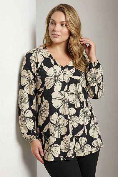 Stil Diva Чорна кремова блузка з контрастним квітковим принтом з джерсі-крепу...