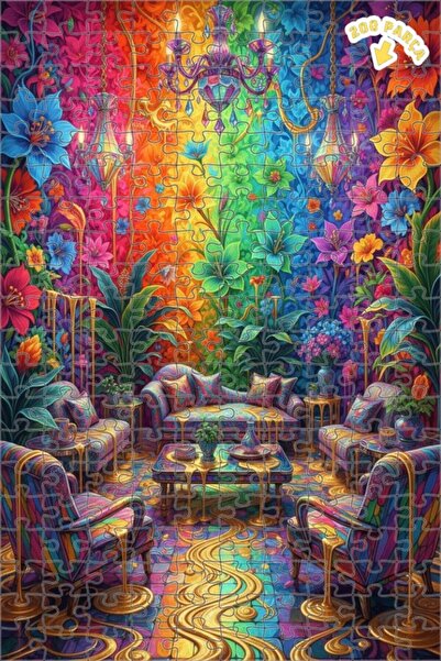 Teona Ahşap Gökkuşağı Bahçesi Lüks Salon Yağlı Boya Görünümlü Çift katlı Çerç...