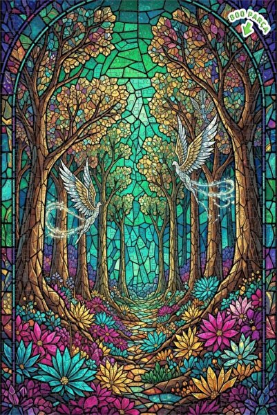 Teona Ahşap لغز خشبي مؤطر بطبقتين بتصميم فني من الزجاج الملون يصور طيورًا ذات...