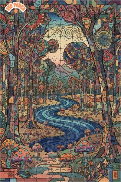 Teona Ahşap لغز خشبي بمنظر غابة ساحرة ونهر مع مظهر فسيفساء زجاجي 150 قطعة 20×30