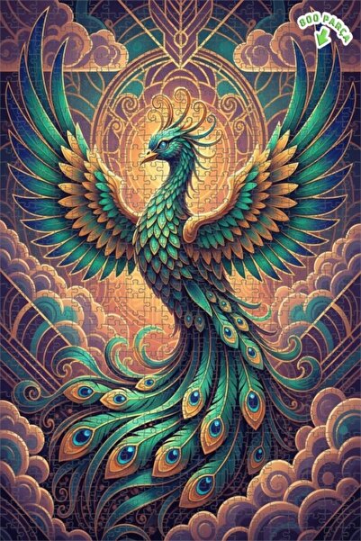 Teona Ahşap Muhteşem Zümrüt Anka Kuşu Yağlı Boya Görünümlü Art Deco Ahşap Puz...