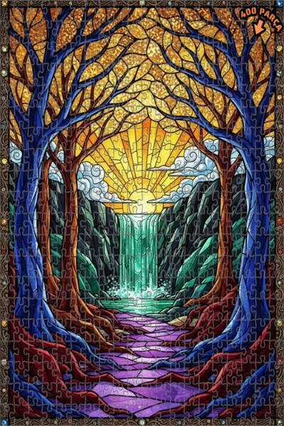 Teona Ahşap لغز خشبي على شكل شلال الغابة السحرية بمظهر الزجاج الملون 400 قطعة...