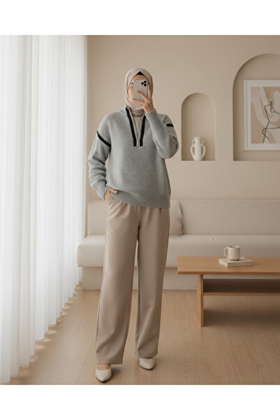 Modamorfo 15888 Zippered Oversized Sweater - Gray