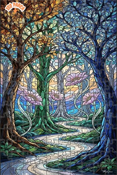 Teona Ahşap لغز خشبي بمظهر فسيفساء زجاجي من الغابة السحرية 150 قطعة 20x30