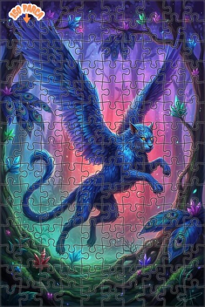 Teona Ahşap لغز فني على شكل قطة زرقاء مجنحة في الغابة بتأثيرات زيتية 150 قطعة...