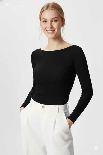 FİFTY ONE Kayak Neck Need Long Sleeve Black Soft Top / Blouse