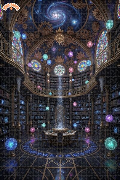 Teona Ahşap Mysterious Galaxy Library Oil Painting Look Double Layer Framed W...