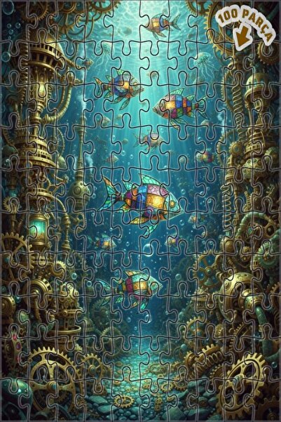 Teona Ahşap لوحة زيتية على طراز ستيمبانك تصور أسماكًا ميكانيكية تحت الماء، لغ...