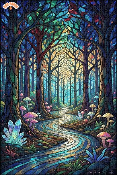 Teona Ahşap لغز خشبي فني من الزجاج الملون بتصميم الغابة السحرية 500 قطعة 50x30