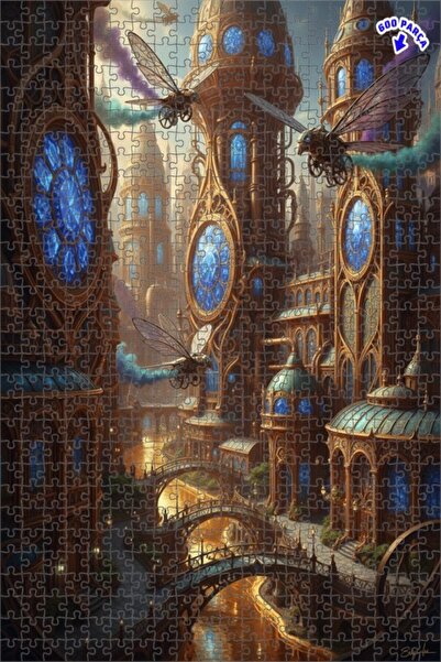 Teona Ahşap لوحة زيتية لمشهد مدينة خيالية بطراز ستيمبانك، برج مزدوج الطابق، ل...