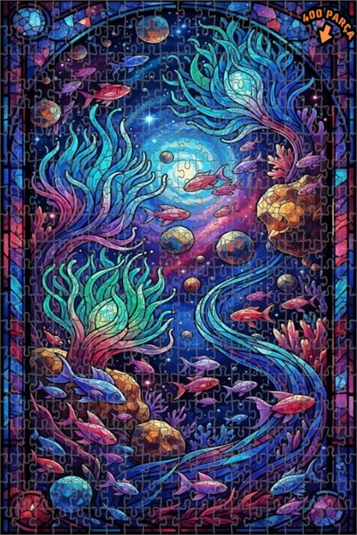 Teona Ahşap Galaxy Aquarium Glass Mosaic Look Double-Decker Framed Wooden Puz...