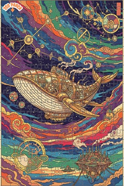 Teona Ahşap Steampunk Whale Sky Blue Patterned Double Layer Framed Wooden Puz...