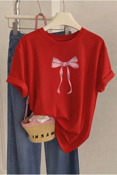 FUFLUNS Ribbon Printed Oversize Circular Neck T-Shirt