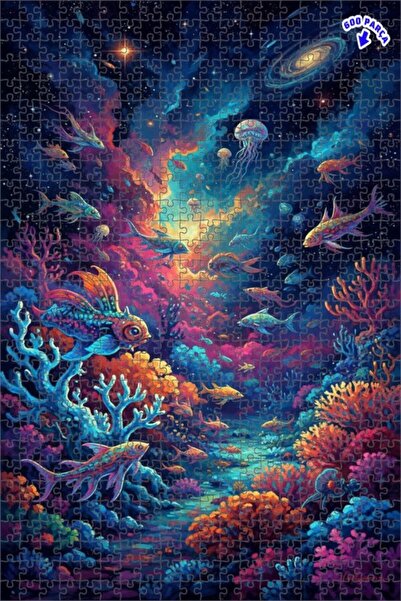 Teona Ahşap Fantastic Galaxy Sea Creatures Oil Painting Double-Deck Framed Wo...