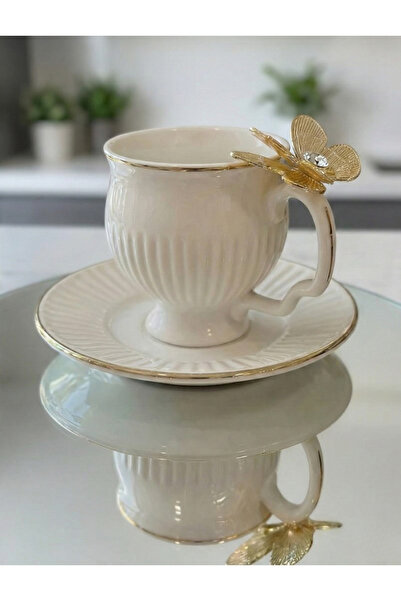 ASSA BAZAAR 6-Piece Gold Butterfly Detailed Porcelain Coffee Cup & Saucer Set...