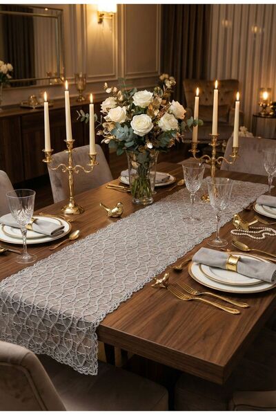 Yavuzhan Metal Lace Table Runner 110×37 cm – Light Cream Transparent Elegant Table Decor
