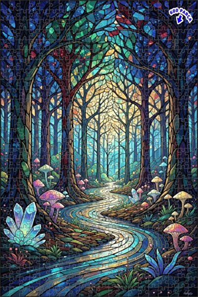 Teona Ahşap لغز خشبي فني من الزجاج الملون بتصميم الغابة السحرية 600 قطعة 50×35
