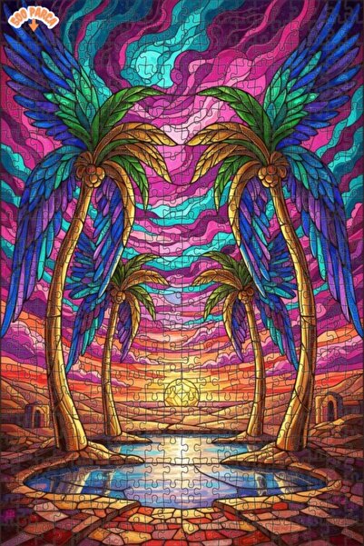 Teona Ahşap لغز خشبي بإطار مزدوج الطبقات على شكل نخيل مجنح عند غروب الشمس 500...