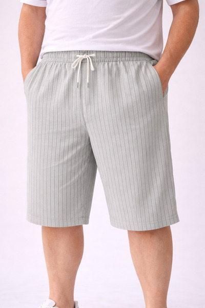 BTS-SORT Erkek Büyük Beden Pamuklu Şort – Modern Dar Kesim, Çizgili Dokulu, D...