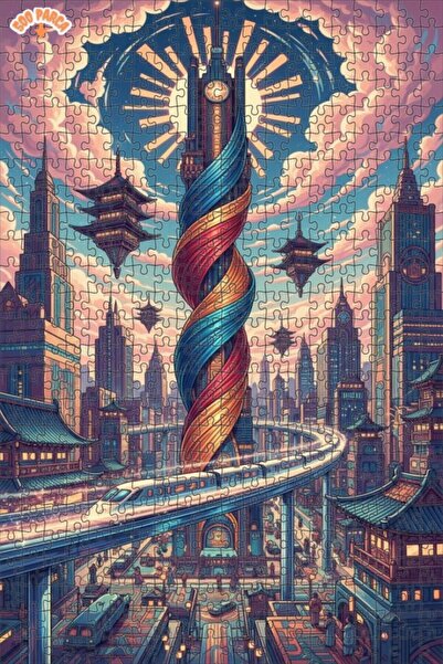 Teona Ahşap لغز خشبي بإطار ذو طابقين بمظهر لوحة زيتية لـ 'مدينة المستقبل' 500...