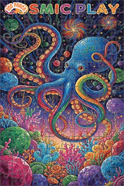Teona Ahşap Sky Blue Octopus and Cosmic Crystals Oil Painting Look Wooden Puz...
