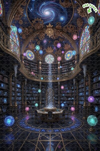 Teona Ahşap Mysterious Galaxy Library Oil Painting Look Double Layer Framed W...