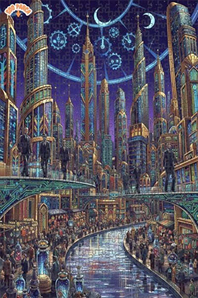 Teona Ahşap Steampunk Cityscape Oil Painting Look Double-Decker Framed Wooden...