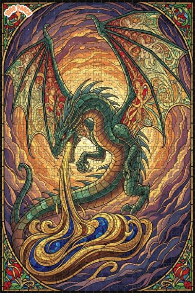 Teona Ahşap لغز خشبي مؤطر بطبقتين بتصميم فني من الزجاج الملون على شكل تنين سح...