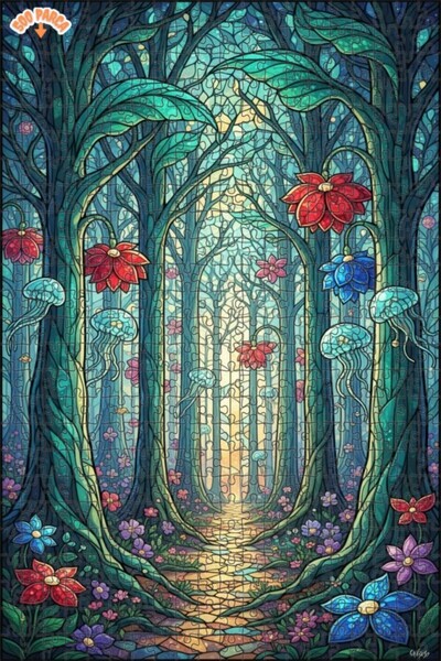 Teona Ahşap لغز فني على شكل قنديل البحر الغابة الغامضة، لغز خشبي بإطار مزدوج ...