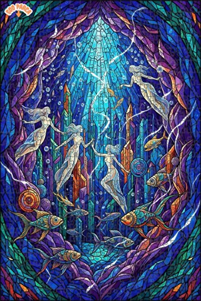 Teona Ahşap Sihirli Deniz Kızı ve Balıklar Renkli Mozaik Çift katlı Çerçeveli...