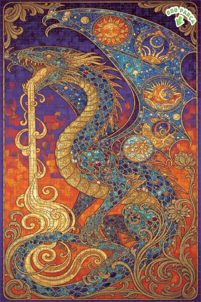 Teona Ahşap لغز خشبي مؤطر بطبقتين بمظهر لوحة زيتية فنية للتنين السحري 800 قطع...