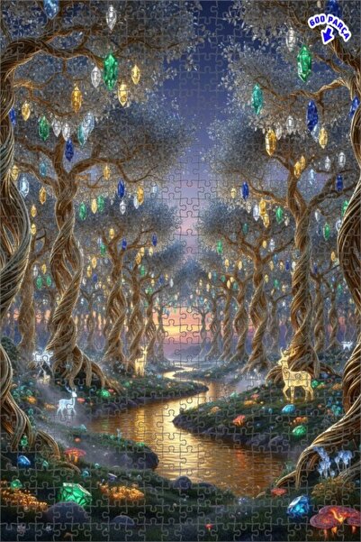 Teona Ahşap لغز خشبي فاخر مؤطر بنمط الغابة الكريستالية السحرية 600 قطعة 50x35