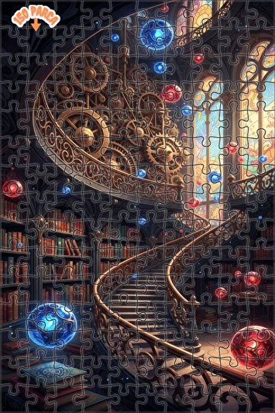 Teona Ahşap Mysterious Library Steampunk Art Look Double Layer Framed Wooden ...
