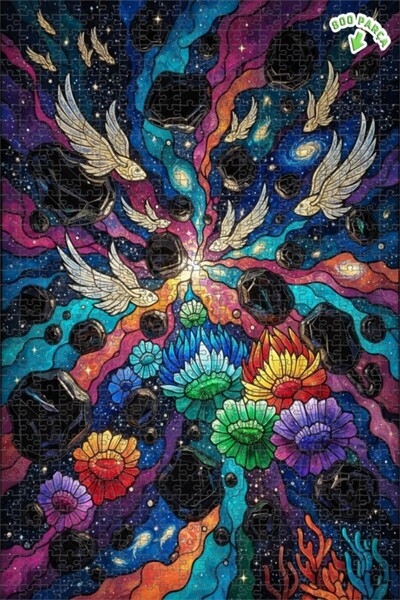 Teona Ahşap Finned Fish and Colorful Flowers Galaxy Double-Deck Framed Wooden...