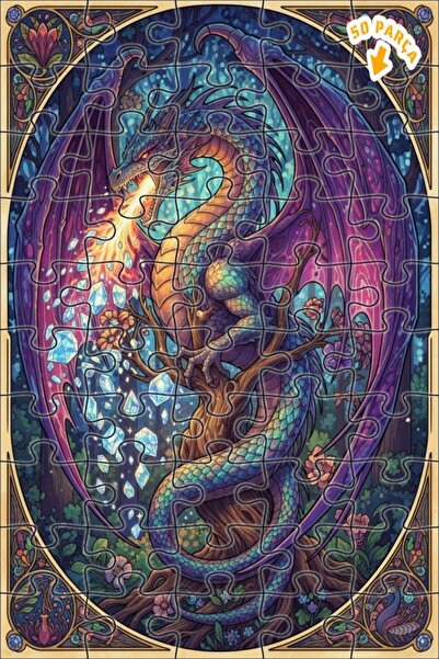 Teona Ahşap لغز خشبي مؤطر بطبقتين بمظهر لوحة زيتية لتنين الغابة السحرية 50 قط...