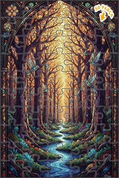 Teona Ahşap لغز خشبي مؤطر بطبقتين بتصميم فن الزجاج الملون لطيور الغابة السحري...