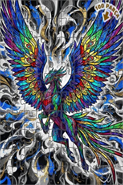 Teona Ahşap لغز خشبي بمظهر فسيفساء زجاجية على شكل طائر الفينيق الزمردي بألوان...