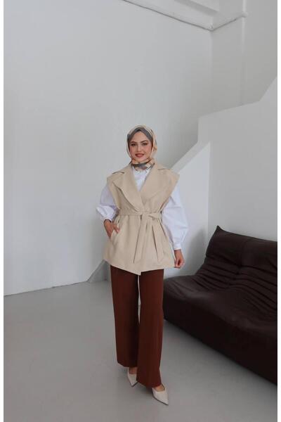 Evim Sepeti Women's Belted Blazer Collar Transitional Long Modern Vest