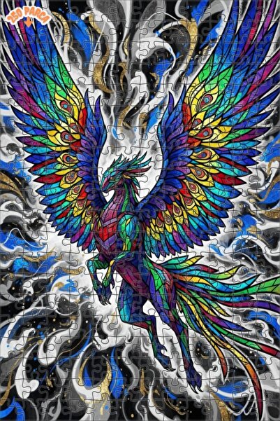 Teona Ahşap لغز خشبي بمظهر فسيفساء زجاجية على شكل طائر الفينيق الزمردي بألوان...