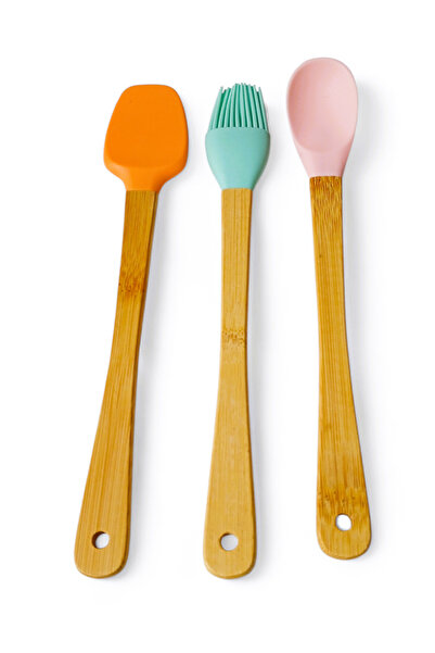TARIK HOME Set of 3 Bamboo Handle Silicone Spoon and Brush Set