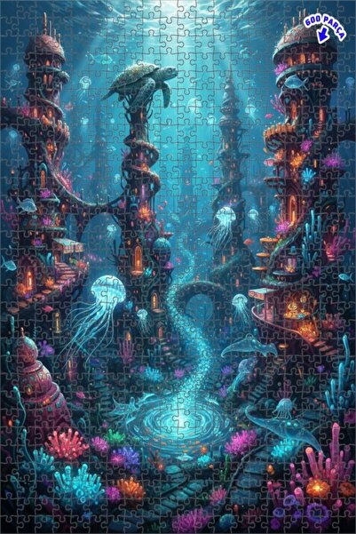 Teona Ahşap لغز فني بمظهر لوحة زيتية لمدينة غامضة تحت البحر 600 قطعة 50×35