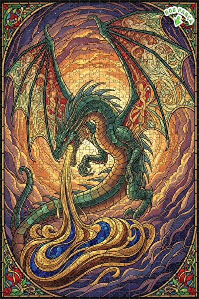 Teona Ahşap لغز خشبي مؤطر بطبقتين من فن الزجاج الملون على شكل تنين سحري 800 ق...