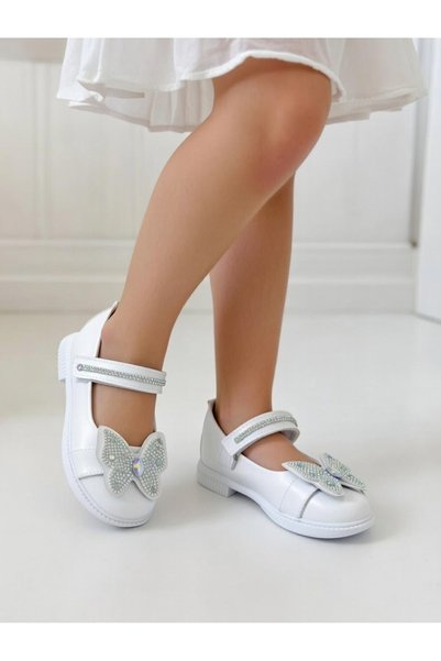 Lideral Stone Butterfly Detailed Girls' Ballerina Shoes Shiny Patent Leather Princess Model